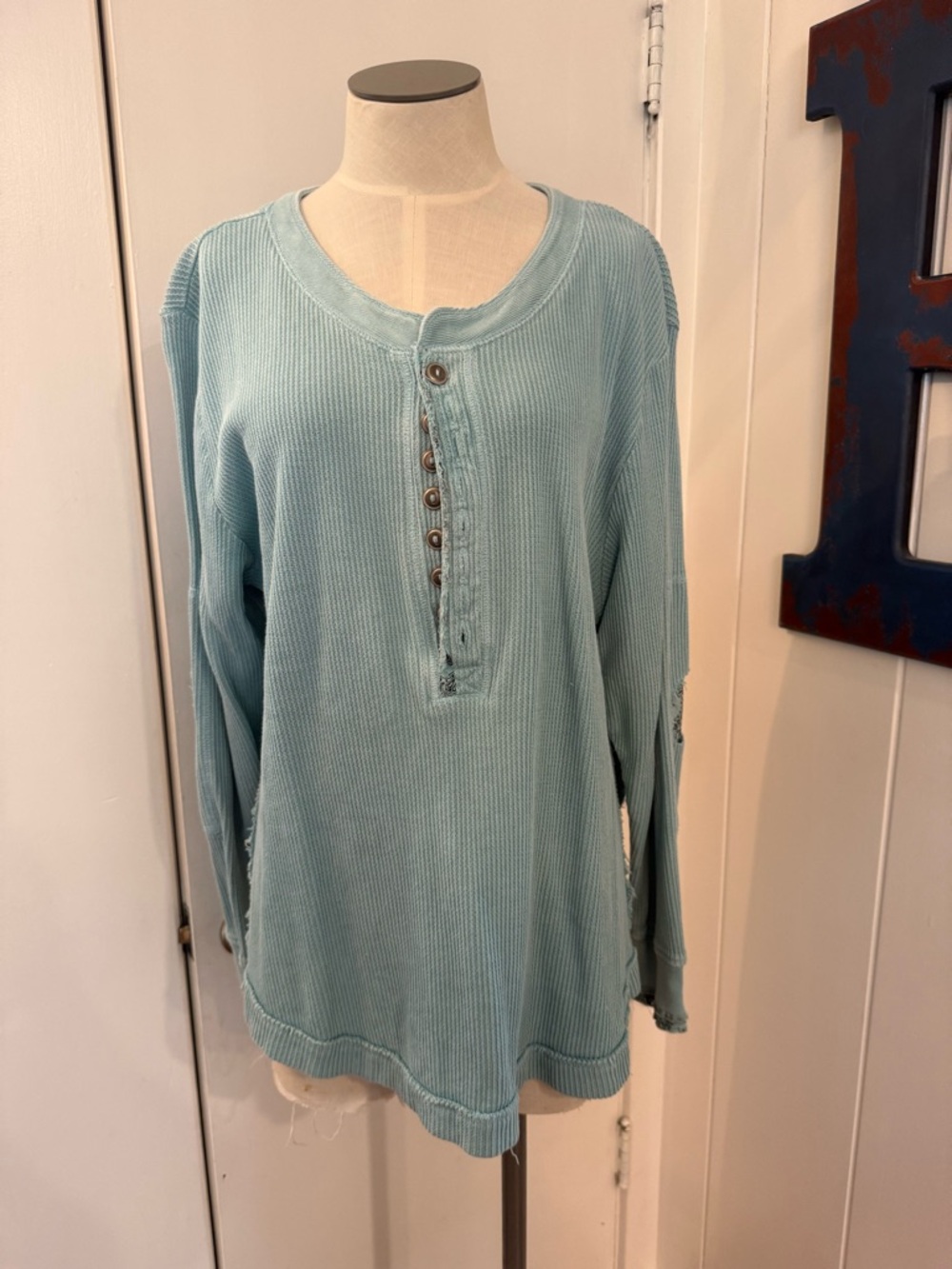 We The Free Pale Blue Waffle Henley Long Sleeve with Cute arm patches Sz S